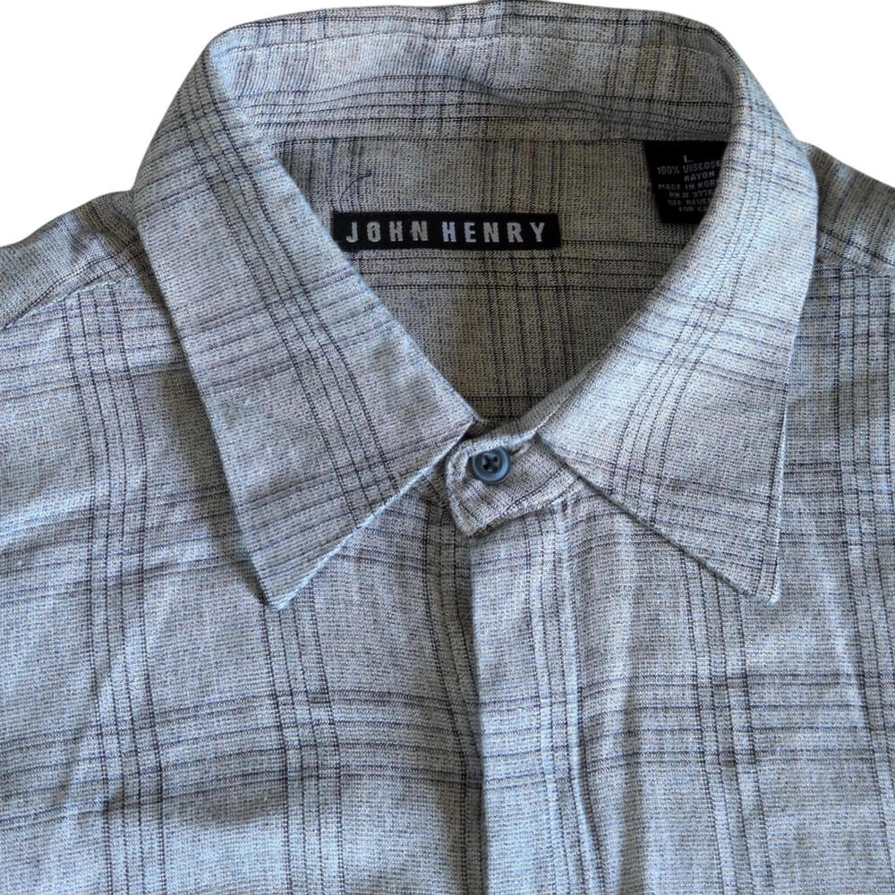 John Henry‎ Shirt Mens Large Gray Plaid Viscose Rayon Long Sleeve Button Front